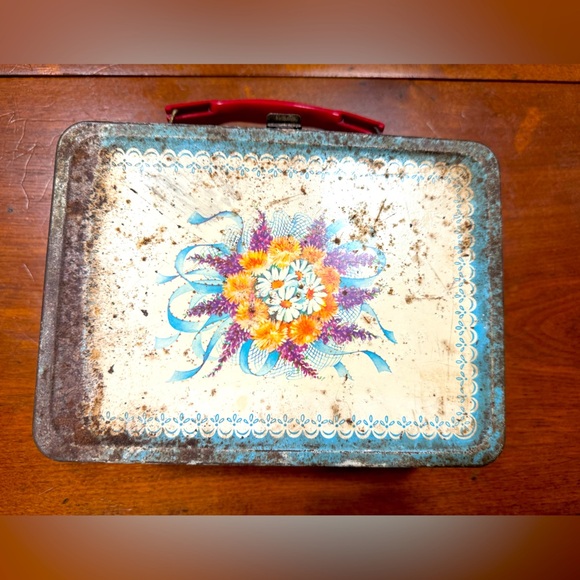 Vintage 1950s Thermos Corsage Flower Metal Lunchbox – Blue Floral Design - Picture 2 of 13